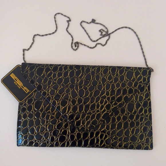 Sasha New York Black Gold Mag Snap Chain Strap Clutch Shoulder Bag NWT - Picture 1 of 6